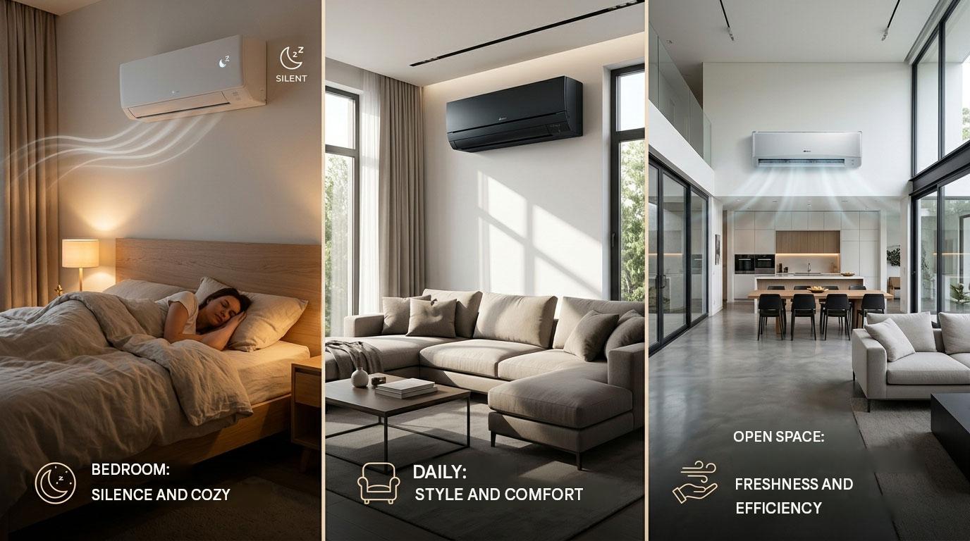 What air conditioner is suitable for a bedroom, living room and open space?